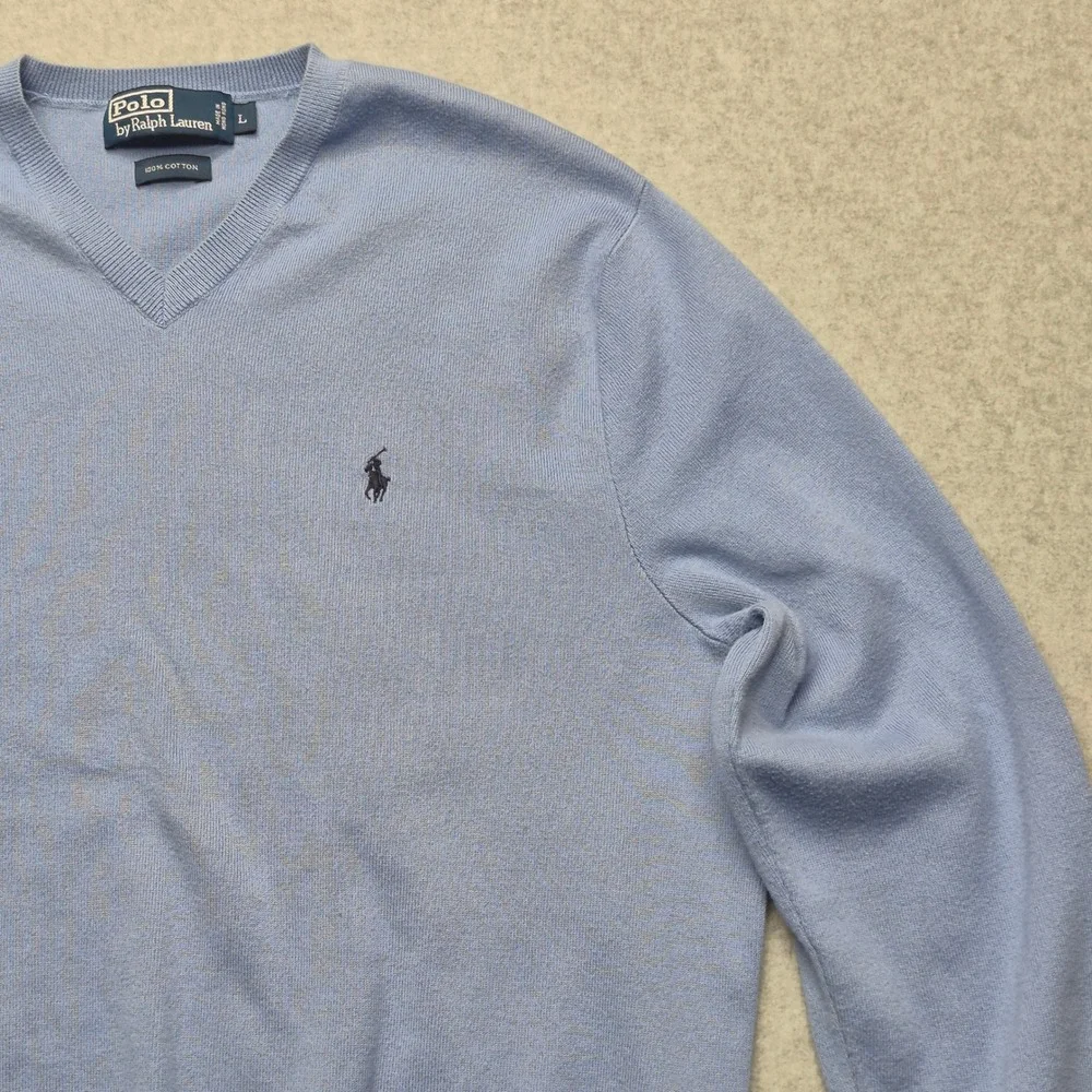 Polo Ralph Lauren Mens V-Neck Sweater Blue 100% Cotton Pony Logo Large